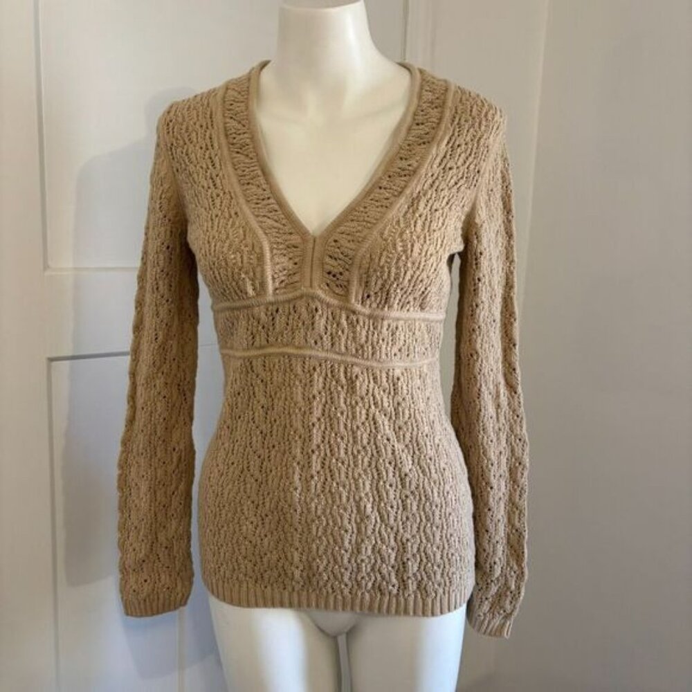 Y2K 2010s Ann Taylor Loft size XS Neutral Brown Open Knit Boho V Neck Sweater